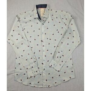 Nizhoni Mens Slim Fit 100% Linen Maple Leaf Print Long Sleeve Shirt Blue Size 42